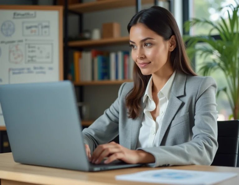 Femme professionnelle analysant des données SEO sur un ordinateur portable dans un bureau moderne