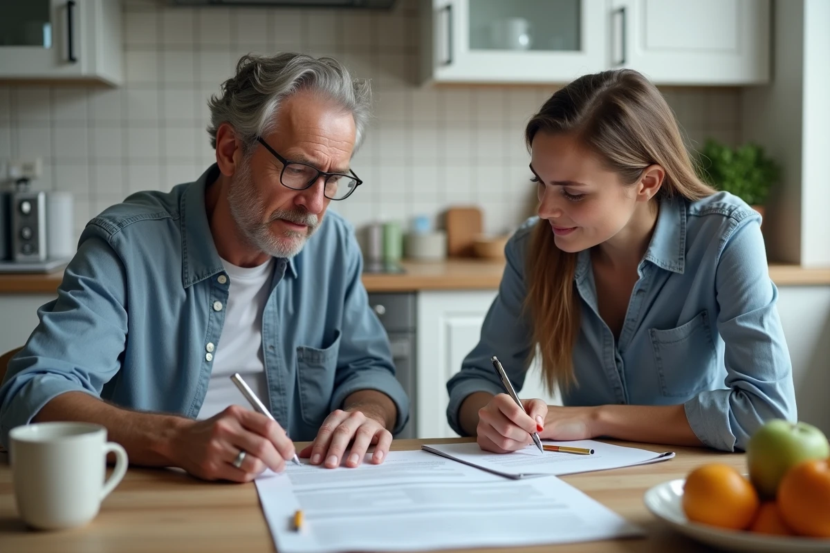 Vendeur et acheteur vérifiant ensemble les documents du certificat de cession et la carte grise lors d'une vente automobile