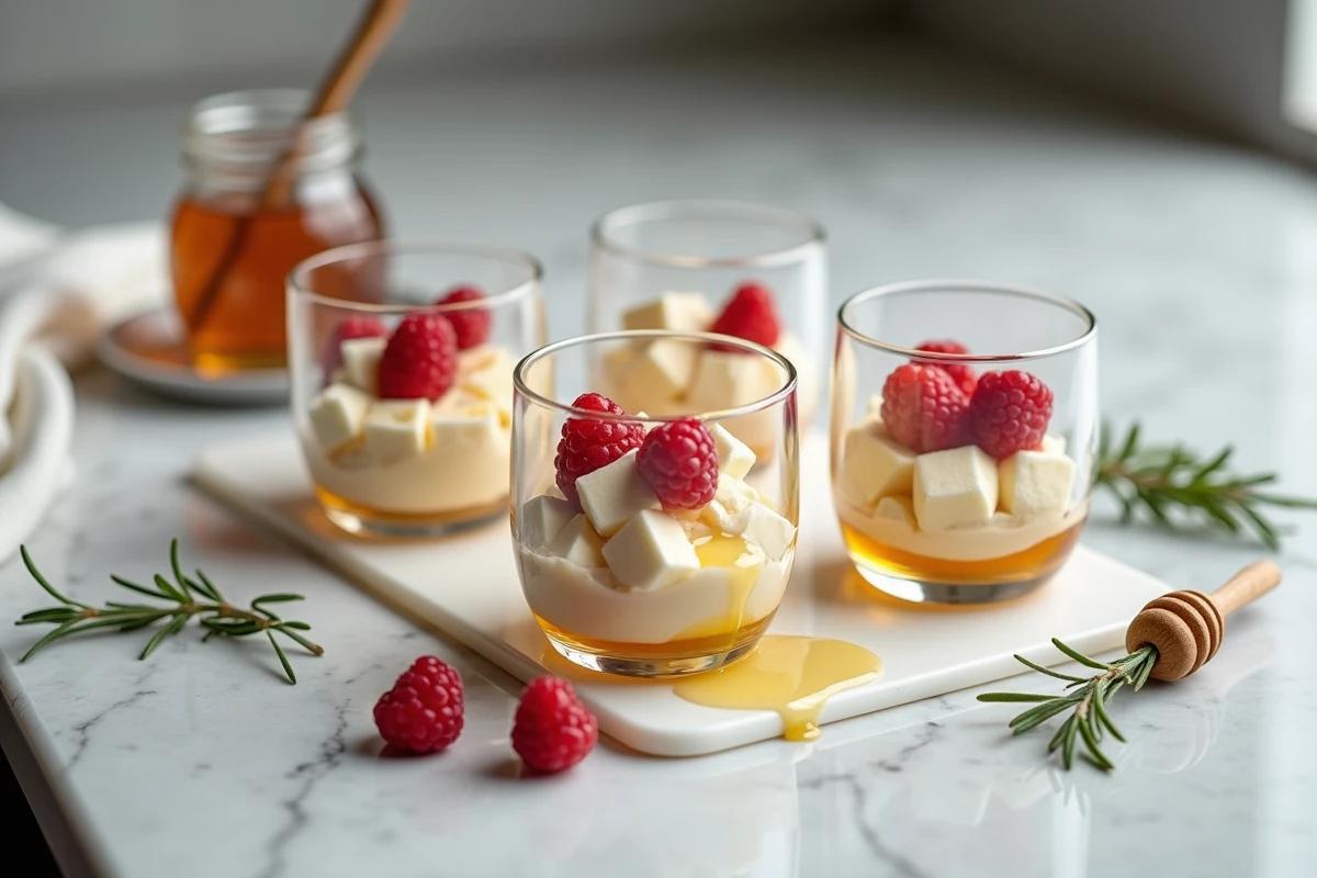 Verrines de salade de fruits au miel et eau de rose présentées sur un comptoir en marbre avec pot de miel vintage et romarin frais