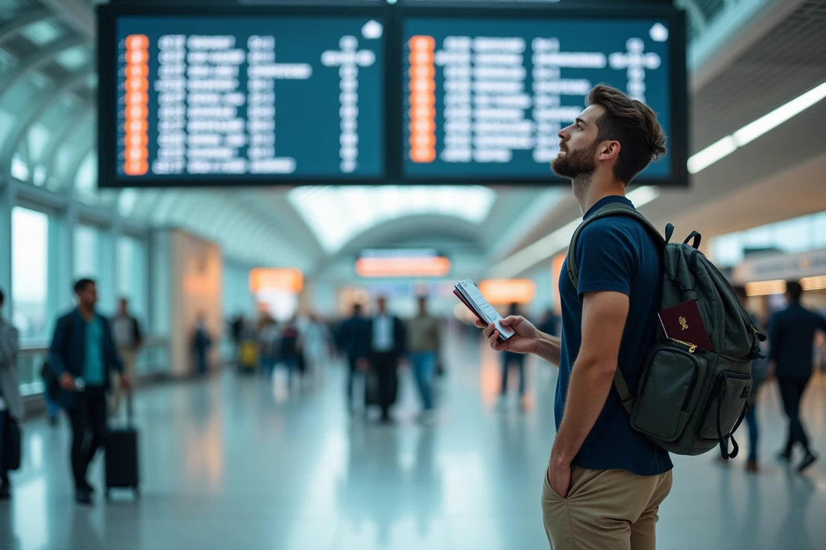 Voyageur avec sac à dos dans un aéroport international consultant le tableau des départs pour son tour du monde