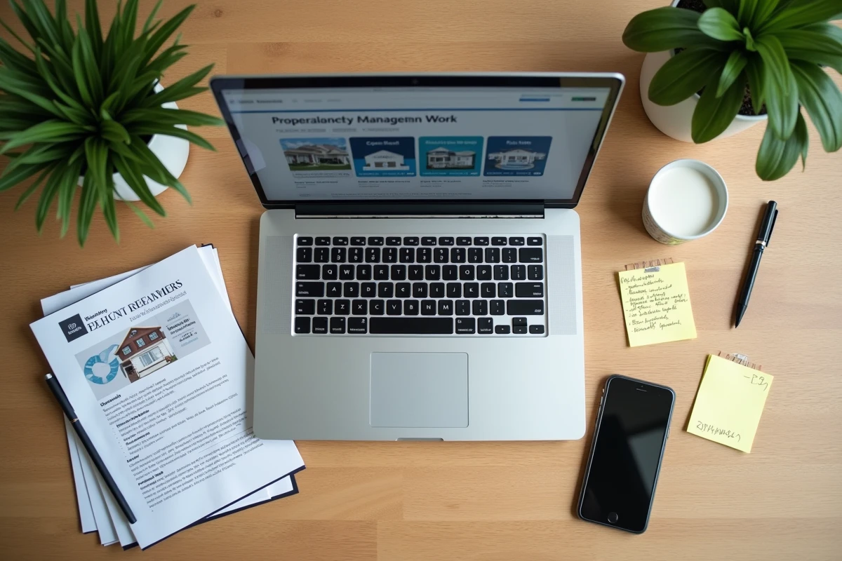 Vue aérienne du bureau de travail propriétaire ITEA avec guide étape par étape et ordinateur portable
